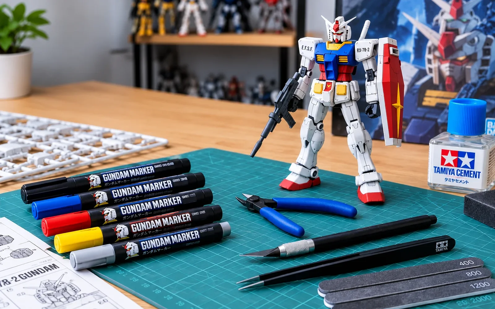 Établi de montage Gunpla avec Gundam Markers, pince coupante, cutter, pincettes, limes et un robot assemblé